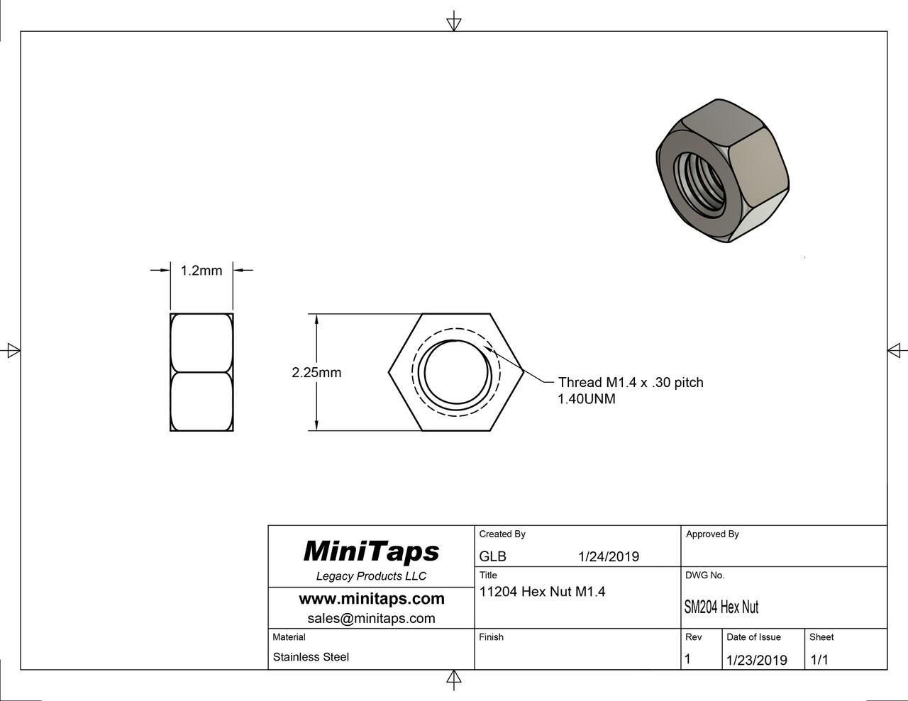 Machined Hex Nut
Thread Metric Standard M1.4 (1.40 UNM)
Pitch .30mm
ACF (across the flats) 2.25mm / .089"
Material Stainless Steel, Part Finish Color "Silver"
Price is for 100 count package