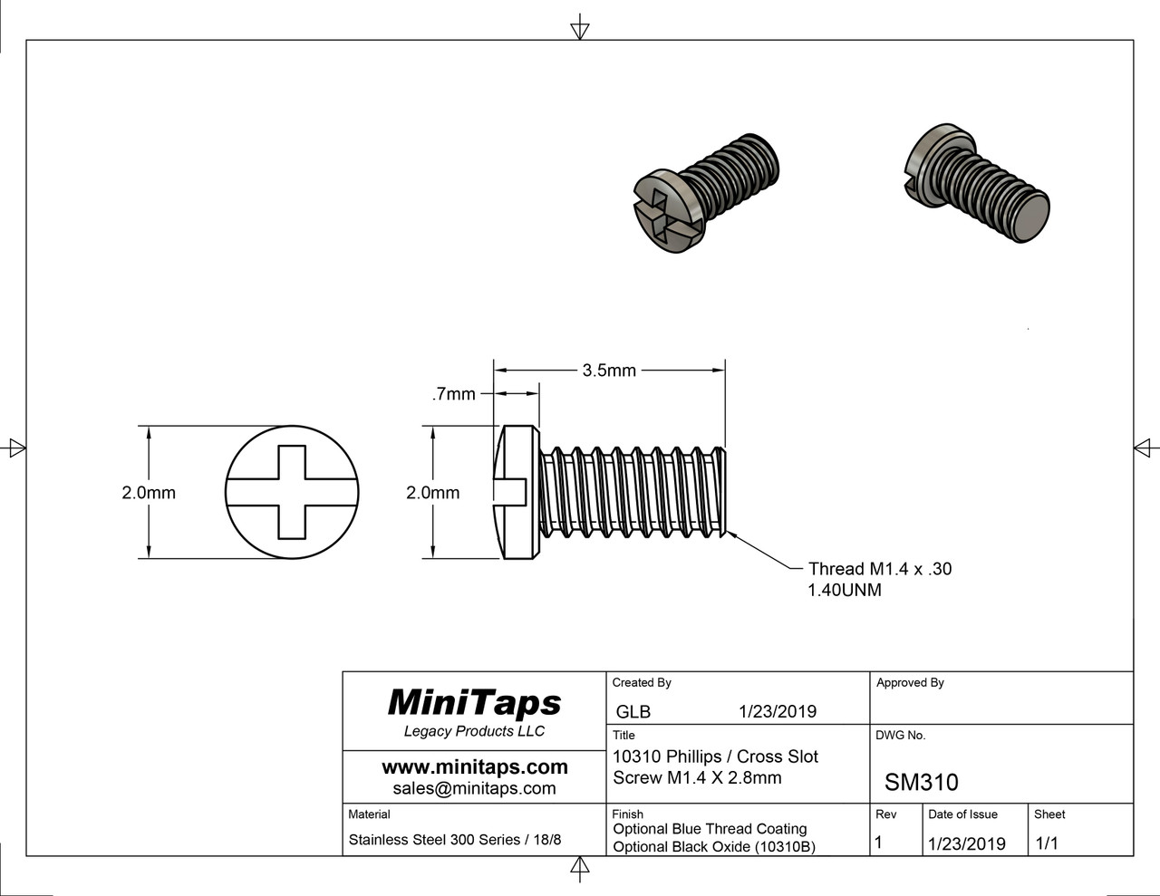 Machine Screw Pan Head with Philips X-Slot Drive

Thread M1.4, Pitch .30mm, Overall Length 4.0mm, Threaded Length 3.20mm (Equivalent to 1/8")

Stainless Steel

Optional coated thread to help prevent screw from working loose.

Price is for 100 count package with bulk pricing available.