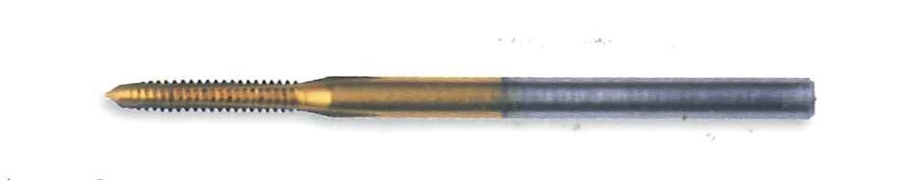 #02211  M.60 Tap, aka: M.6 & .60UNM Tap design:  3 flute Plug w/TiN coating made to DIN standards thread pitch 0.150mm threading length approximate 2.50mm, Shank 0.039" made from hardened high speed steel our taps are designed for production taping in Automatic screw machines, Tappers, CNC lathes and CNC mills.  The coating used TiN (Titanium Nitride) very thin, increases tap performance and tool life. In our shop coated taps typically tapped three times the number of holes compared to uncoated. Image is representative of the item for sales. Overall length of Tap is 22mm (0.870") threaded length (tip to end of thread) 2.5mm (0.100") lengths can vary slightly between batches.  Price listed is for 1 to 9 pieces.