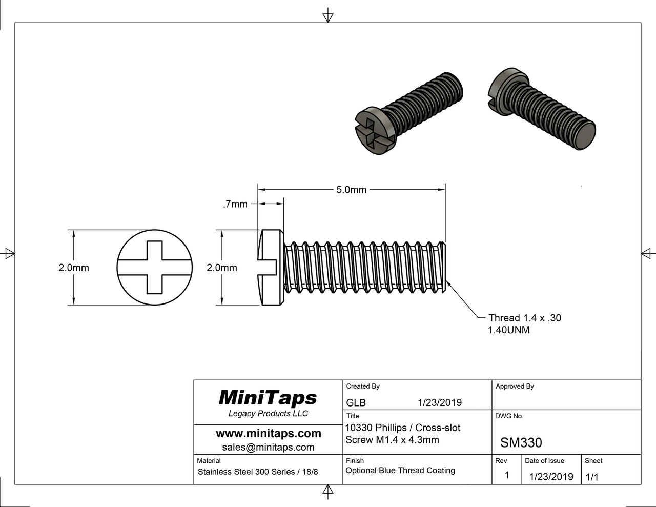 Machine Screw Pan Head with Philips X-Slot Drive

Thread M1.4, Pitch .30mm, Threaded Length 4.3mm, Overall Length 5.0mm, Head 2.0mm

Stainless Steel Colored Matte Black. Jewelry Grade Finish.
Price is for 100 count package with bulk pricing available.