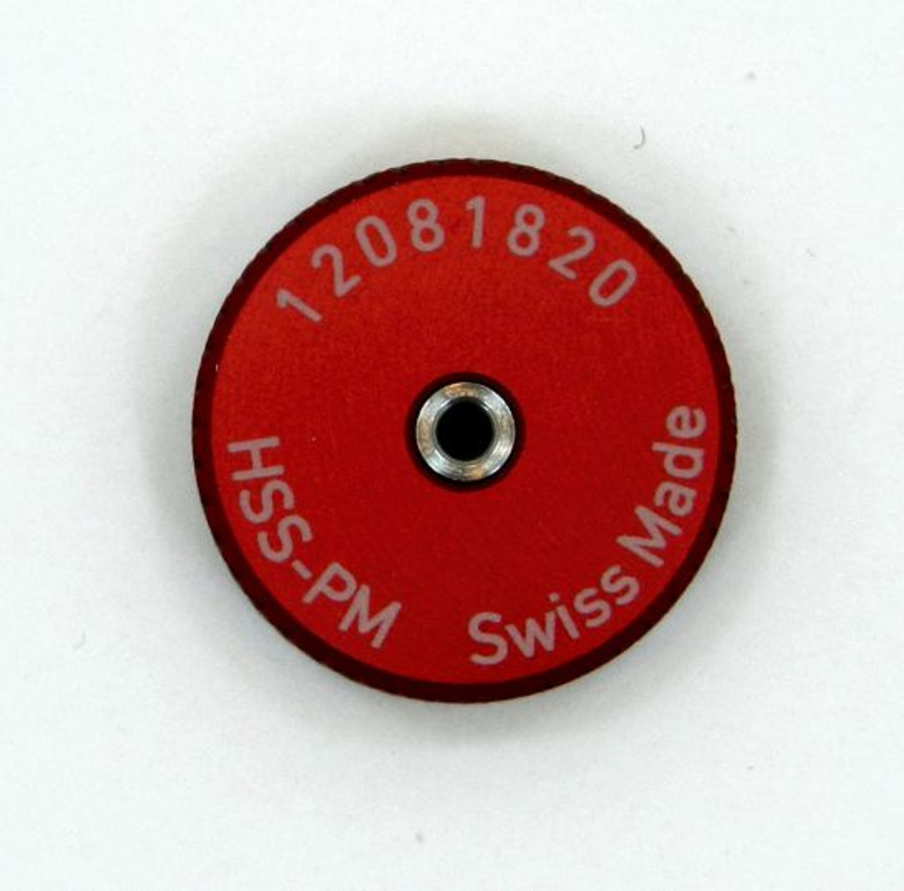 Metric Thread Ring Gage 1.00UNM also M1.0 pitch 0.25mm Class 6g; "No-Go" Ring member Precision Thread Gage made of High Speed Steel then hardened. Brand is Minitaps Made in Switzerland to our specifications. Picture is  Back side view of the gage.