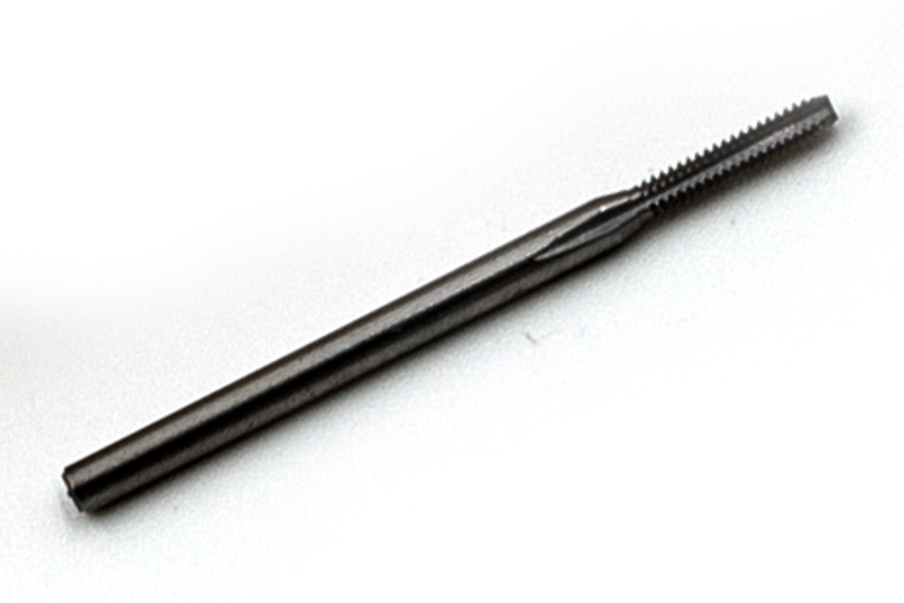 Tap, 00-90 American National Standard, class 2 :  3 flute Bottoming, threading length approximate 0.170" (4.0mm), Shank 0.060" made from hardened high speed steel our taps are designed for production taping in Automatic screw machines, Tappers, CNC lathes and CNC mills.  Image is representative of the item for sales. Overall length of Tap is 25mm (.984") threaded length (tip to end of thread) 4.0mm (0.160") lengths can vary slightly between batches.  Price listed is for 1 to 9 pieces.