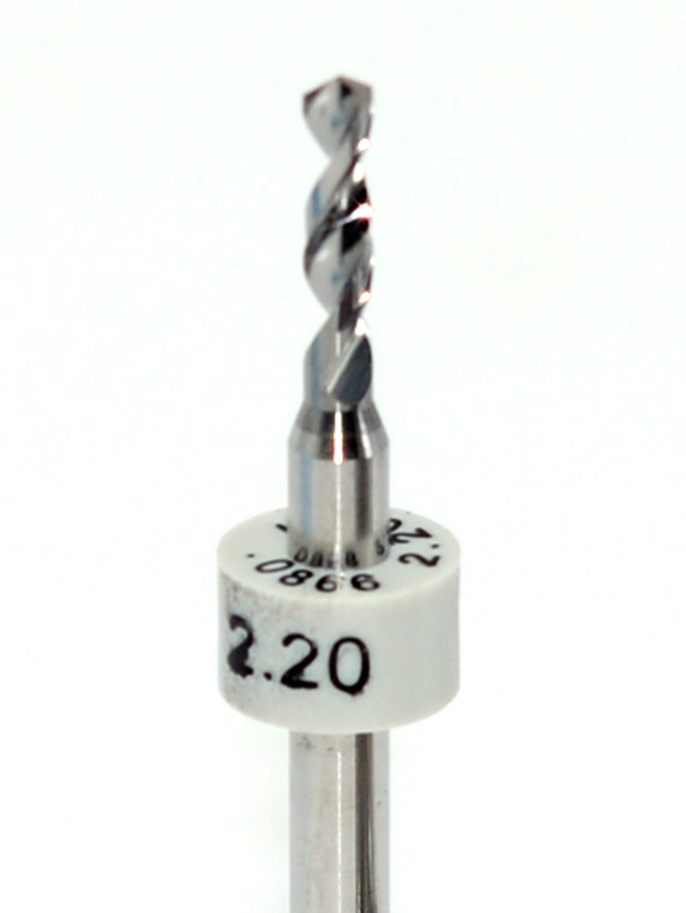 Drill bit Size: 2.20mm  

 Flute length: sizes .50 to .65mm 8.90mm, sizes .70 to 2.50mm 10.50mm

Drill Point 135Â°, Shank .125â€ / 3.18mm,Overall length 38mm /1.50â€

All bits have plastic size rings, Material Micro-Grain Carbide Grade ISO K20 / K30

Drill bits Self centering on flat surface Other surfaces use center drill first