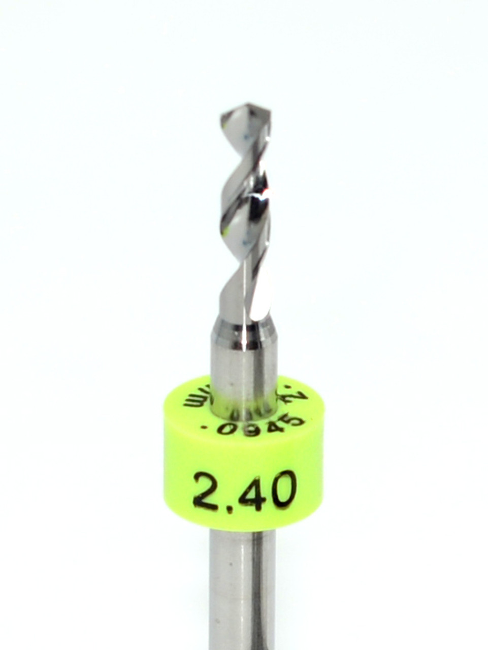 Drill bit Size: 2.40mm   

 Flute length: sizes .50 to .65mm 8.90mm, sizes .70 to 2.50mm 10.50mm

Drill Point 135Â°, Shank .125â€ / 3.18mm,Overall length 38mm /1.50â€

All bits have plastic size rings, Material Micro-Grain Carbide Grade ISO K20 / K30

Drill bits Self centering on flat surface Other surfaces use center drill first