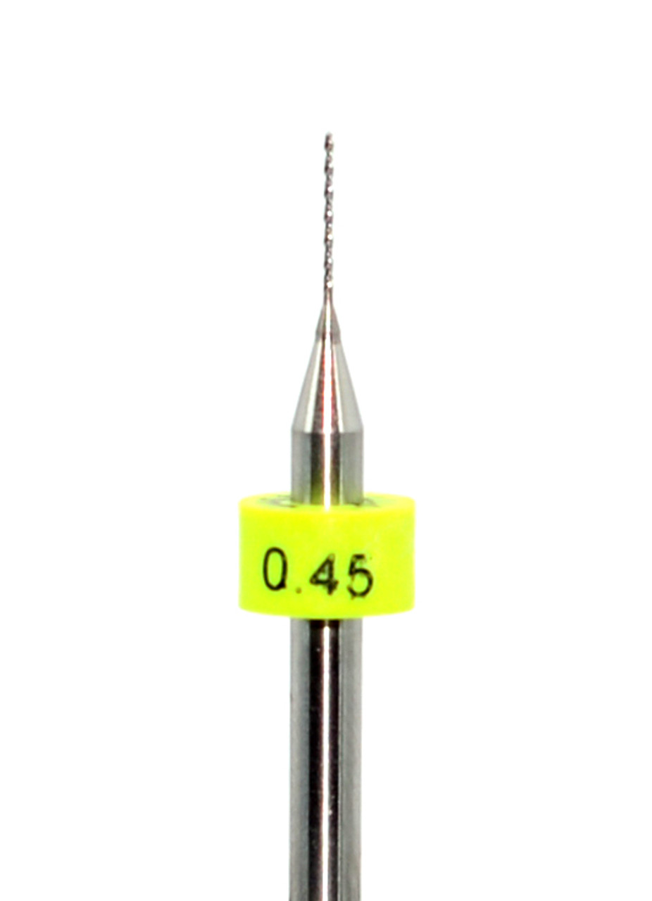Drill bit Size:   .45mm,   0.0177"

Flute length: sizes .50 to .65mm 8.90mm, sizes .70 to 2.50mm 10.50mm

Drill Point 135Â°, Shank .125â€ / 3.18mm,Overall length 38mm /1.50â€

All bits have plastic size rings, Material Micro-Grain Carbide

Drill bits Self centering on flat surface Other surfaces use center drill first

 

Mix-N-Match Precision Micro-Grain Carbide Drill Bits    Any Sizes .50mm to 2.50mm

Pick the Drill bits and quantities your discount is determined by â€œShopping Cart Totalâ€

10 Pieces to 24 Net Discounted Price $4.95 each

25 Pieces to 49 Net Discounted Price $4.45 each

50 & more Net Discounted Price $4.25 each

Discounts shown in â€œYouâ€™re Shopping Cartâ€     Plus FREE shipping on orders over $50.00