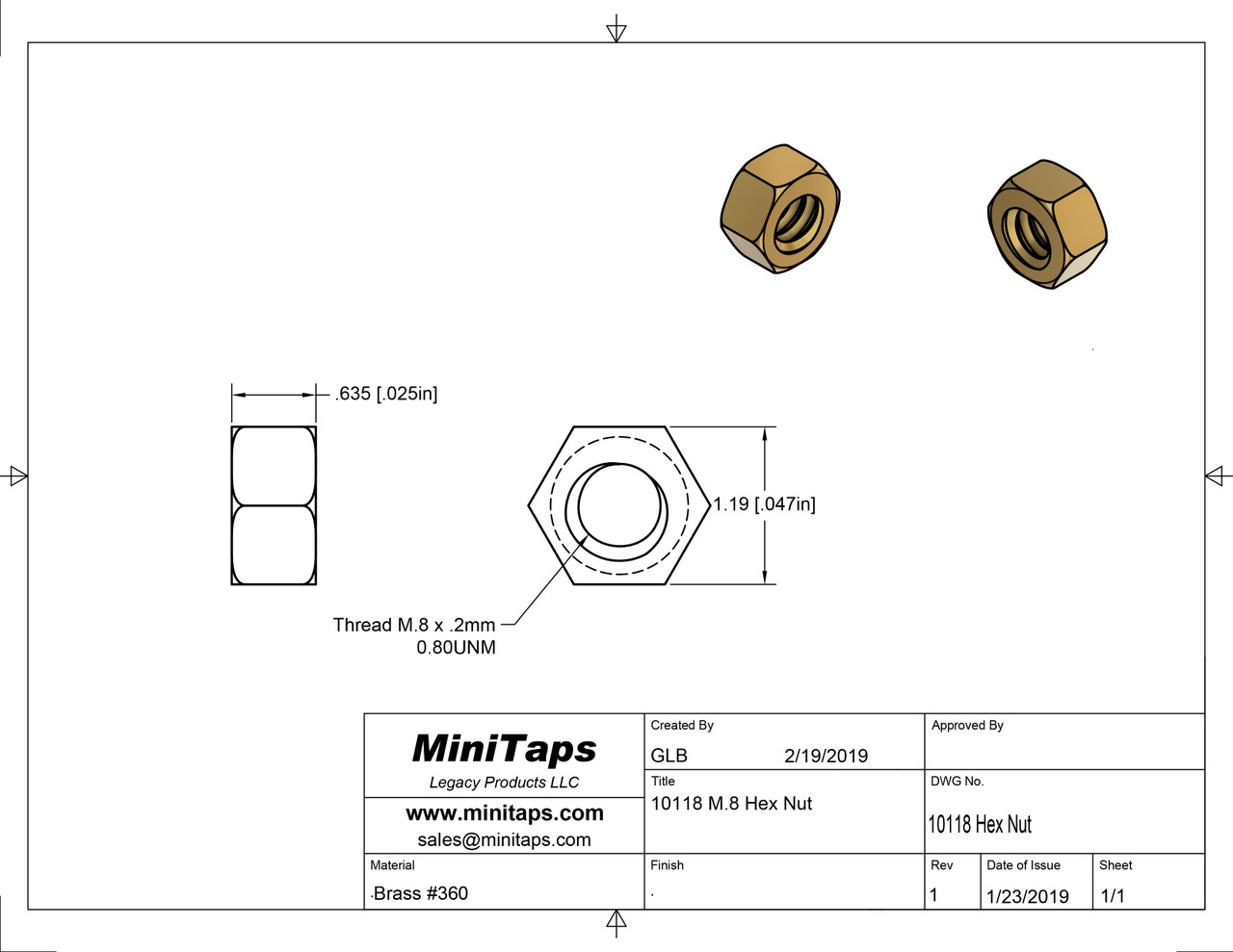 Machined Hex Nut
Metric Thread M.80 (.80UNM)
.20mm Pitch
ACF (across the flats) 3/64" / 0.047"
Material: Brass #360
Packaged price per 10 pieces