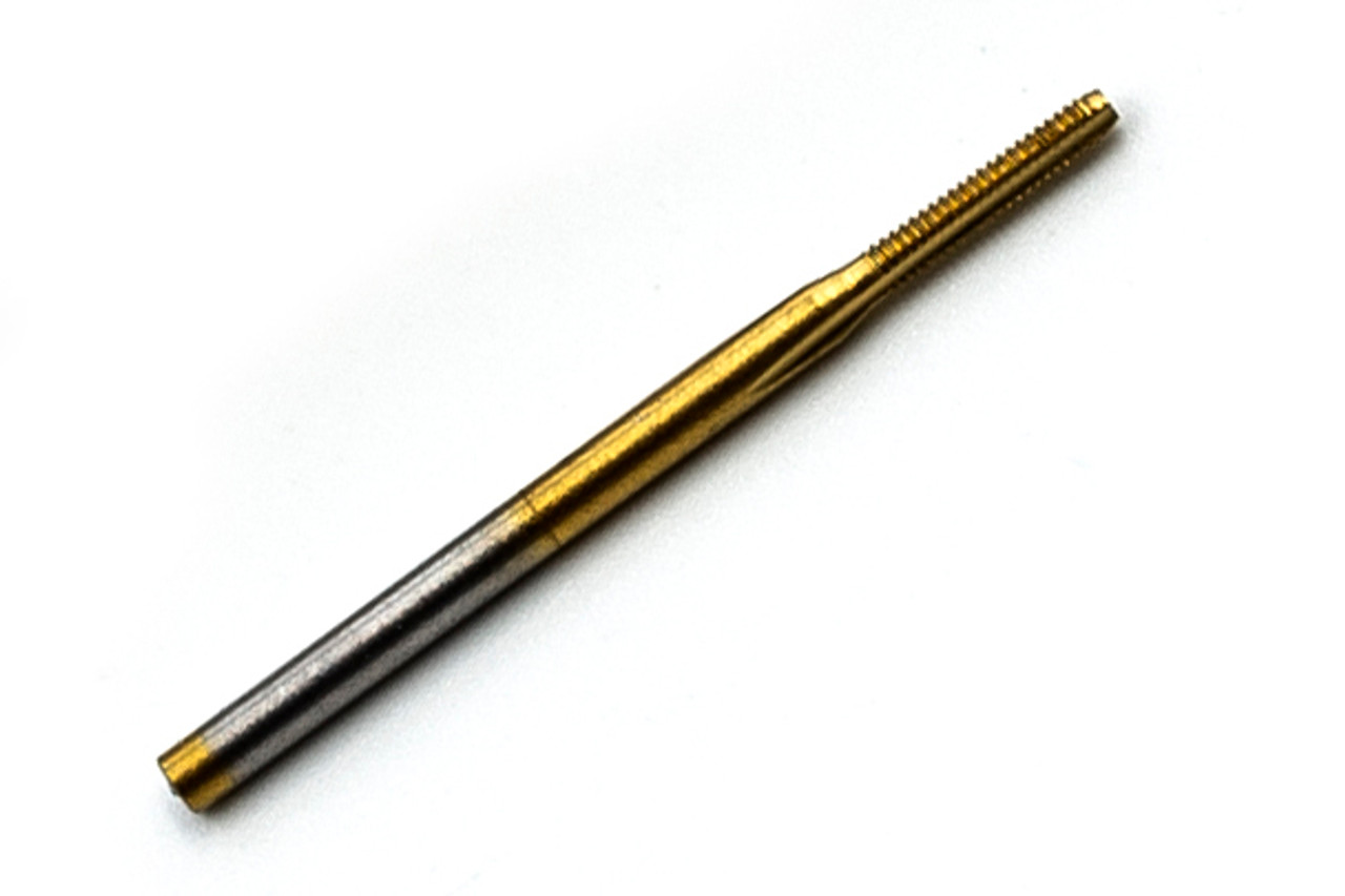 #02255  M1.2  x. 25mm pitch Tap, aka: 1.20UNM Tap design:  3 flute Bottoming style with TiN coating made to DIN standards thread pitch 0.25mm threading length approximate 5.0mm / 0.200â€ , Shank 1.50mm / 0.059" made from hardened high speed steel our taps are designed for production taping in Automatic screw machines, Tappers, CNC lathes and CNC mills. The coating used TiN (Titanium Nitride) very thin and smooth, increases tap performance and tool life.  In our shop TiN coated taps typically tapped three times the number of holes. Overall length is 25mm  / 1.000" threaded length (tip to end of thread) 5.00mm (0.200") lengths can vary slightly between batches.  Price listed is for 1 to 9 pieces.
