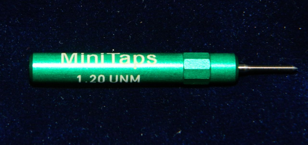 1.20UNM Plug "Go" Gage pitch .25mm; UNM stands for United National Miniature the American Metric miniature Thread standard. This gage is one piece handle containing Go Precision Thread Gage made of High Speed Steel then hardened. Class of fit 1.20UNM is similar to metric 6g for M1.2 thread. Picture is representative of part,  Brand is;" MiniTaps" made specifically for us in Switzerland.

