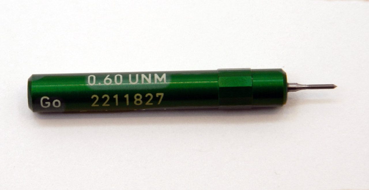 0.60UNM Plug Go Gage pitch .15mm; UNM stands for United National Miniature the American Metric miniature Thread standard. Precision Thread Gage made of High Speed Steel then hardened. Picture is representative of part,  We have two pieces in stock.  Brand is;" MiniTaps" made specifically for us in Switzerland