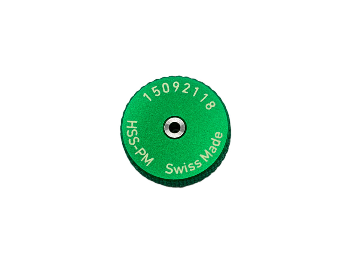 Back Side:  Metric Thread Ring Gage 1.40UNM also M1.4 pitch 0.30mm Class 6g; "GO" Ring member Precision Thread Gage made of High Speed Steel then hardened. Brand is MiniTaps Made in Switzerland to our specifications. Picture is from our stock of this item.