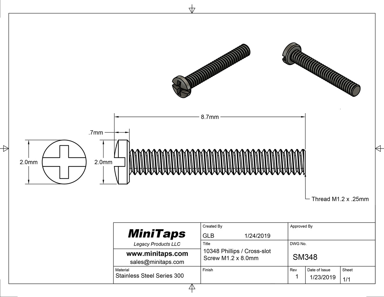 Pan Head Machine Screw
Philips X-Slot Drive
Thread M1.2 (1.20UNM)
Pitch .25mm
Threaded Length 8.0mm
Overall length 8.7mm
Head 2.0mm
Stainless Steel
Price is for 100 count package
