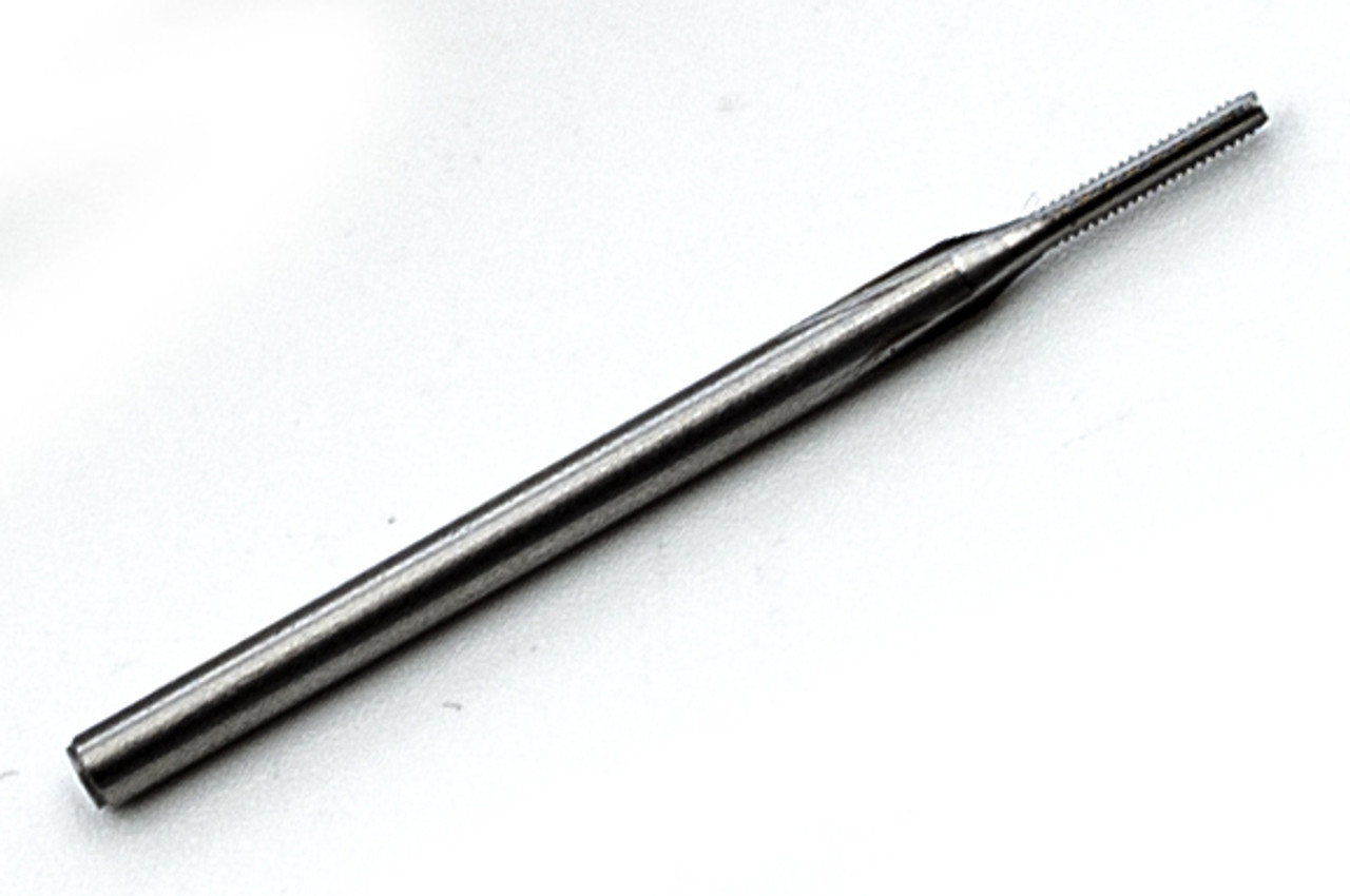 M.60 (0.60 UNM) Thread Tap
3 Flute Bottoming
Made of Hardened HSS (High Speed Steel)
Made to ISO Standards
Thread Pitch 0.15mm
Threading Length Approximate 3.0mm
Shank 0.060"
Designed for Production Tapping in Automatic Screw Machines, Tappers, CNC Lathes, and CNC Mills.
Overall length of tap is 22mm (.870") threaded length (tip to end of thread) 3.0mm (0.120"). Lengths can vary slightly between batches.