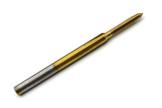 000-120 Tap Left Hand Thread
3 Flute Plug
American Miniature (to ANSI B18.6.3) Size 000 Thread 120 Per Inch
Class NS-2
Shank 0.060"
Made from Hardened High Speed Steel w/TiN coating
Designed for Production Tapping in Automatic Screw Machines, Tappers, CNC Lathes, and CNC mills.
Overall length of Tap is 25mm (0.984") threaded length (tip to end of thread) 5.5mm (0.216"). Lengths can vary slightly between batch.