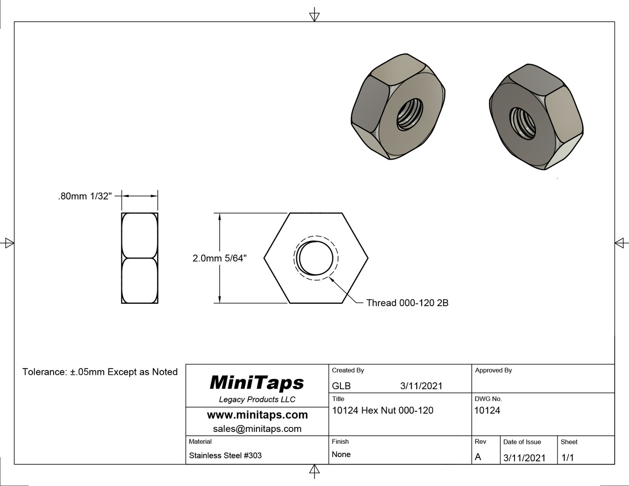 Machined Hex Nut
Thread 000-120
ACF 5/64" (across the flats) 2.00mm 
Thickness 1/32" / 0.80mm
Material: Stainless Steel
Part Color Finish is Silver
Price is for 100 count package with bulk pricing available.