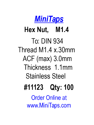 M1.4 Hex Nut, DIN 934 SS 100 Count, #11123