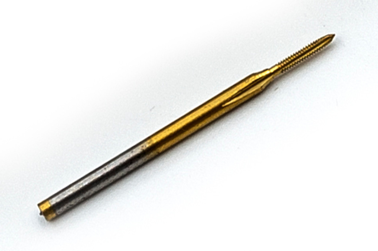 000-120 Tap
3 Flute Plug
TiN (Titanium Nitride) Coating
American Miniature (to ANSI B18.6.3) Size 000, Thread 120 Per Inch
Shank 0.060"
Made From Hardened High Speed Steel
Designed for Production Tapping in Automatic Screw Machines, Tappers, CNC Lathes, and CNC Mills.