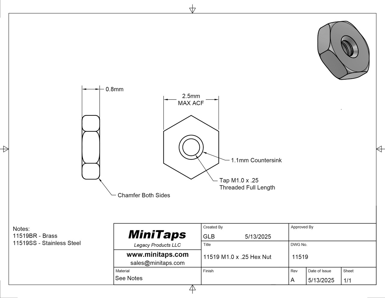 M1.0 Hex Nut, DIN 934 Brass 100 Count, #11519BR