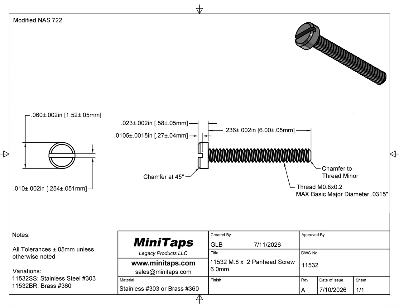 M0.8 X 6.0mm Machine Screw, Stainless Steel, 50 Count #11532SS