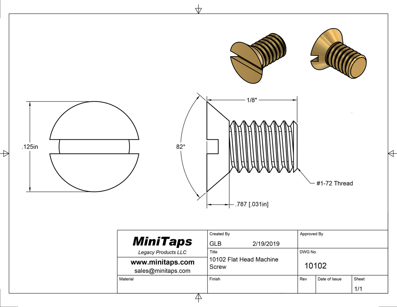 1-72 Flat Head Slotted Machine Screw, Length 1/8", Full Thread to Under Head, Brass, Price is for 100 Pieces.