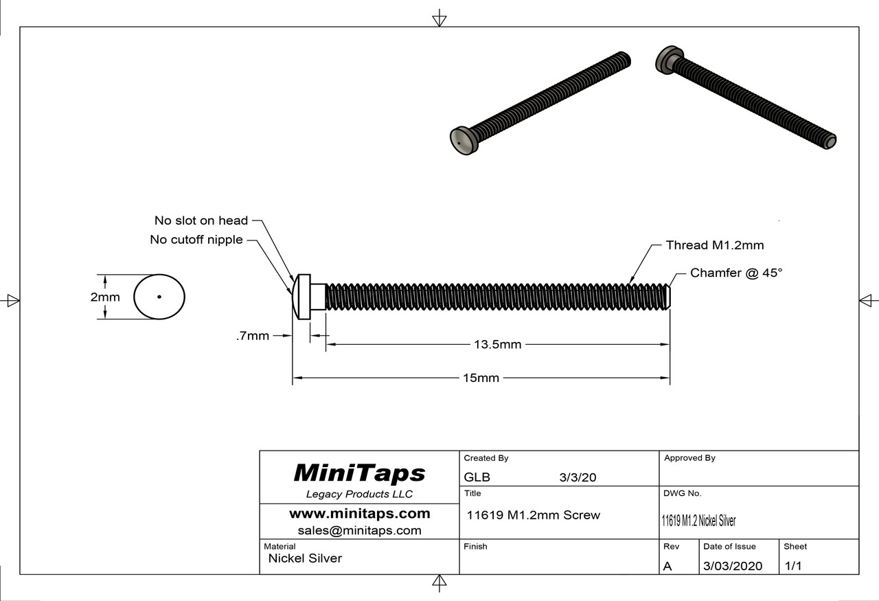 Machine Screw Slotted
Thread M1.2 (1.20UNM)
13.5mm Threaded Length
15mm Overall Length
1.8mm Head
Nickel Silver, Silver Finish
Made on precision screw machines.
Price is for 100 count package