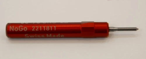 00-90 UNS-2B Plug No-Go Gage UNS stands for (American) "United National Standard" miniature Thread series. This gage is one piece handle containing No-Go Gage member Precision Thread Gage made of High Speed Steel then hardened. Standard fit is 2B tighter 3B gages are made to order. Picture is representative of part,  Brand is;" MiniTaps" made specifically for us in Switzerland.