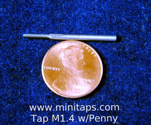 M1.4 also called 1.40UNM or 140UNM, thread pitch 0.30mm Tap 3 flute Bottoming w/ TiN; to ISO standards Shank 2.0mm" made from hardened high speed steel our taps are designed for production taping in blind holes.  TiN Coating on cutting surface increases tool life and performance.  Our taps are designed for production taping in Automatic screw machines, Tappers, CNC lathes and CNC mills. The coating used TiN (Titanium Nitride) very thin and smooth, increases tap performance and tool life.  In our shop TiN coated taps typically tapped three times the number of holes compared to uncoated Tool life.   Image is representative, picture with penny is a M1.4 bottoming tap the other picture is of a M1.4 with plug tap with TiN coating.