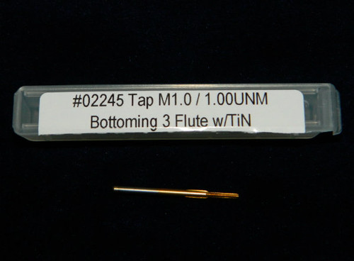 M1.0 Tap, aka: M1 & 1.00UNM Tap design:  3 flute Plug with TiN coating made to DIN standards Size M1.0 thread pitch 0.25mm threading length approximate 5mm, Shank 0.060" made from hardened high speed steel our taps are designed for production taping in Automatic screw machines, Tappers, CNC lathes and CNC mills. The coating used TiN (Titanium Nitride) very thin, increases tap performance and tool life. In our shop coated taps typically tapped three times the number of holes compared to uncoated. Image is representative of the item for sales. Overall length of Tap is 25mm (0.984") threaded length (tip to end of thread) 5.5mm (0.216") lengths can vary slightly between batches. Price listed is for 1 to 9 pieces.