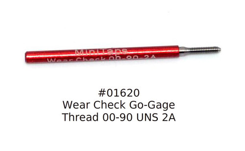 Wear Check Plug Go-Gage to calibrate a Thread Ring Go Gage 00-90 Class NS 2A; Precision Thread Gage made of High Speed Steel then hardened. The picture is of the gage in our stock.      Brand is; MiniTaps made to our specification in Switzerland. A long form gage certification is included in the price of this gage.