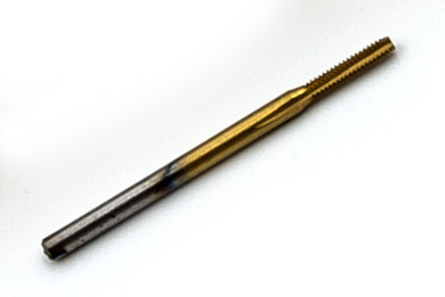 Tap, 00-90 American National Standard, class 2 :  3 flute Bottoming, style with TiN coating threading length approximate 0.170" (4.0mm), Shank 0.060" made from hardened high speed steel our taps are designed for production taping in Automatic screw machines, Tappers, CNC lathes and CNC mills.  Image is representative of the item for sales. The coating used TiN (Titanium Nitride) very thin and smooth, increases tap performance and tool life.  In our shop TiN coated taps typically tapped three times the number of holes.  Overall length of Tap is 25mm (.984") threaded length (tip to end of thread) 4.0mm (0.160") lengths can vary slightly between batches.  Price listed is for 1 to 9 pieces.