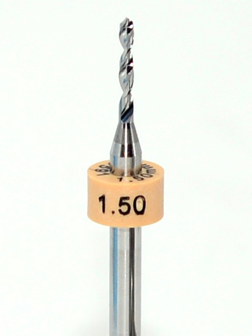 Drill bit Size: 1.50mm   

 Flute length: sizes .50 to .65mm 8.90mm, sizes .70 to 2.50mm 10.50mm

Drill Point 135Â°, Shank .125â€ / 3.18mm,Overall length 38mm /1.50â€

All bits have plastic size rings, Material Micro-Grain Carbide Grade ISO K20 / K30

Drill bits Self centering on flat surface Other surfaces use center drill first