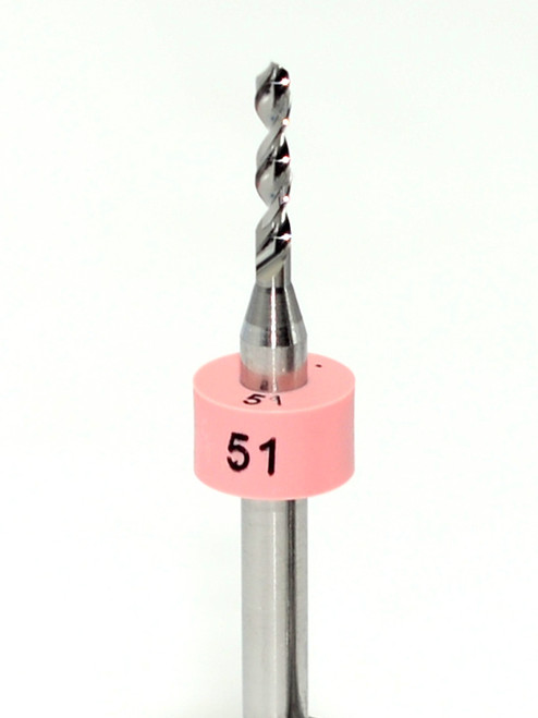 Drill bit Size: 1.71mm also #51  Flute length: sizes .50 to .65mm 8.90mm, sizes .70 to 2.50mm 10.50mm Drill Point 135Â°, Shank .125â€ / 3.18mm,Overall length 38mm /1.50â€ All bits have plastic size rings, Material Micro-Grain Carbide Grade ISO K20 / K30 Drill bits Self centering on flat surface Other surfaces use center drill first