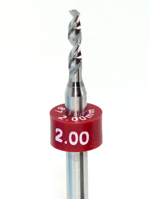 Drill bit Size: 2.00mm 

 Flute length: sizes .50 to .65mm 8.90mm, sizes .70 to 2.50mm 10.50mm

Drill Point 135Â°, Shank .125â€ / 3.18mm,Overall length 38mm /1.50â€

All bits have plastic size rings, Material Micro-Grain Carbide Grade ISO K20 / K30

Drill bits Self centering on flat surface Other surfaces use center drill first