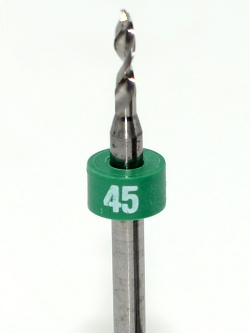 Drill bit Size: 2.08mm  also #45

 Flute length: sizes .50 to .65mm 8.90mm, sizes .70 to 2.50mm 10.50mm

Drill Point 135Â°, Shank .125â€ / 3.18mm,Overall length 38mm /1.50â€

All bits have plastic size rings, Material Micro-Grain Carbide Grade ISO K20 / K30

Drill bits Self centering on flat surface Other surfaces use center drill first