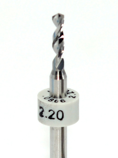 Drill bit Size: 2.20mm  

 Flute length: sizes .50 to .65mm 8.90mm, sizes .70 to 2.50mm 10.50mm

Drill Point 135Â°, Shank .125â€ / 3.18mm,Overall length 38mm /1.50â€

All bits have plastic size rings, Material Micro-Grain Carbide Grade ISO K20 / K30

Drill bits Self centering on flat surface Other surfaces use center drill first