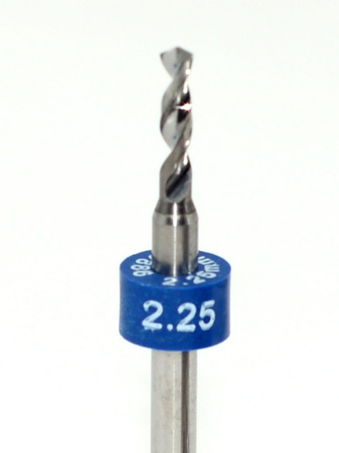Drill bit Size: 2.25mm  

 Flute length: sizes .50 to .65mm 8.90mm, sizes .70 to 2.50mm 10.50mm

Drill Point 135Â°, Shank .125â€ / 3.18mm,Overall length 38mm /1.50â€

All bits have plastic size rings, Material Micro-Grain Carbide Grade ISO K20 / K30

Drill bits Self centering on flat surface Other surfaces use center drill first