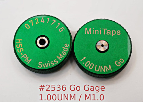 Metric Thread Ring Gage 1.00UNM also M1.0 pitch 0.25mm Class 6g; "Go" Ring member Precision Thread Gage made of High Speed Steel then hardened. Brand is Minitaps Made in Switzerland to our specifications. Picture is representative of the gage front and back side.