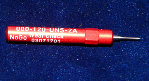 Wear Check Plug No-Go-Gage to calibrate a Thread Ring No-Go Gage 000-120 Class NS 2A; Precision Thread Gage made of High Speed Steel then hardened. The picture is of the gage in our stock.      Brand is; MiniTaps made to our specification in Switzerland. A long form gage certification is included in the price of this gage.