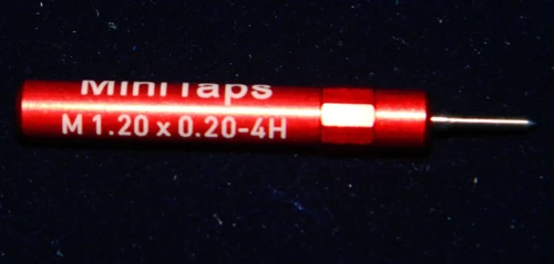 Thread M1.2 x .20mm pitch class of fit is 4H "Special Pitch" This gage is one piece handle containing No-Go Precision Thread Gage made of High Speed Steel then hardened.  Picture is representative of part,  Brand is;" MiniTaps" made specifically for us in Switzerland.

We have a long form cert available on this gage for an additional charge.  The standard pitch for thread size M1.2 is .25mm pitch