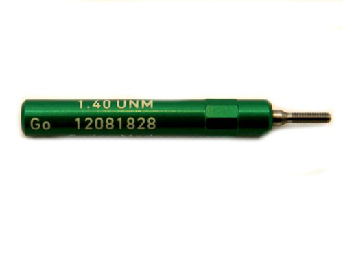 1.40UNM Plug "Go" Gage pitch .30mm; UNM stands for United National Miniature the American Metric miniature Thread standard. This gage is one piece handle containing Go Precision Thread Gage made of High Speed Steel then hardened. Class of fit 1.40UNM is similar to metric 6g for M1.4 thread. Picture is representative of part,  Brand is;" MiniTaps" made specifically for us in Switzerland.  The purchase of this item Includes:  the thread Gage, Handle with serial number engraved, and Certificate tied to the serial number with factory measurements and the thread standards.