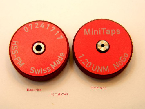 Metric Thread Ring Gage 1.20UNM also M1.2 pitch 0.25mm Class 6g; "NO-GO" Ring member Precision Thread Gage made of High Speed Steel then hardened. Brand is MiniTaps Made in Switzerland to our specifications. 