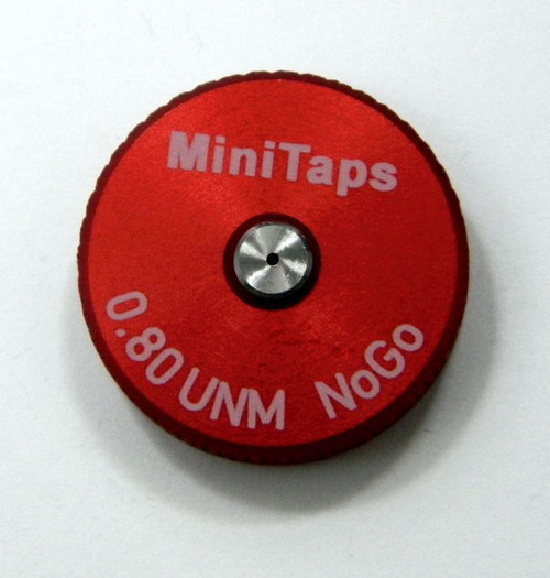 Picture of Gage front:  Metric Thread Ring Gage 0.80 UNM also M.8 pitch 0.20mm  "No-Go" Ring member Precision Thread Gage made of High Speed Steel then hardened. Brand is MiniTaps Made in Switzerland to our specifications. Picture is representative of the gage.