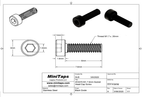 Precision Socket Cap Screw
Thread M1.7 x .35mm
6mm Length
Material is Stainless Steel
Black Oxide Finish
High Corrosion Resistance
Packaged in 100 Count Vials