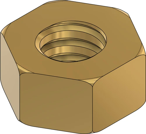 Picture is the 3D model
Machined Hex Nut
Thread 000-120 class 2 thread 
ACF 5/64" (across the flats) 2.00mm 
Thickness 0.39" / 1.0mm
Material: Brass
Part Color Finish natural "Brass color" 
Price is for 100 count package with bulk pricing available.
