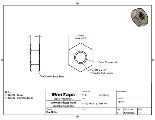 M1.4 Hex Nut, DIN 934 Brass 100 Count, #11123BR
