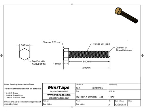 M1.4 x 8mm Hex Head Screw Brass 100 Count #11240BR