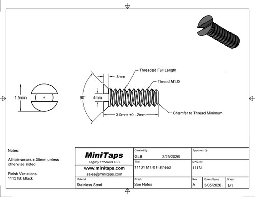 M1.0 Machine Screw, Stainless Steel, OAL 3.0mm, 100 Count #11131