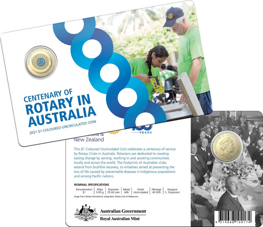 2021 Centenary of Rotary in Australia $1 Coloured Coin on Card