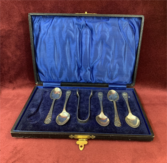 Silver Plated Tea Spoons and Tongs in a fitted Container Set 2 of 2