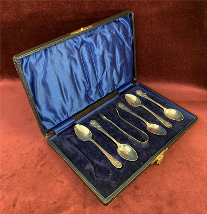 Silver Plated Tea Spoons and Tongs in a fitted Container Set 1 of 2