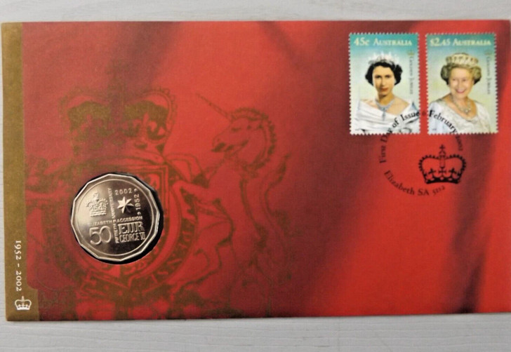 2002 Australia Golden Jubilee 50c Accession PNC. Coin only available with this PNC